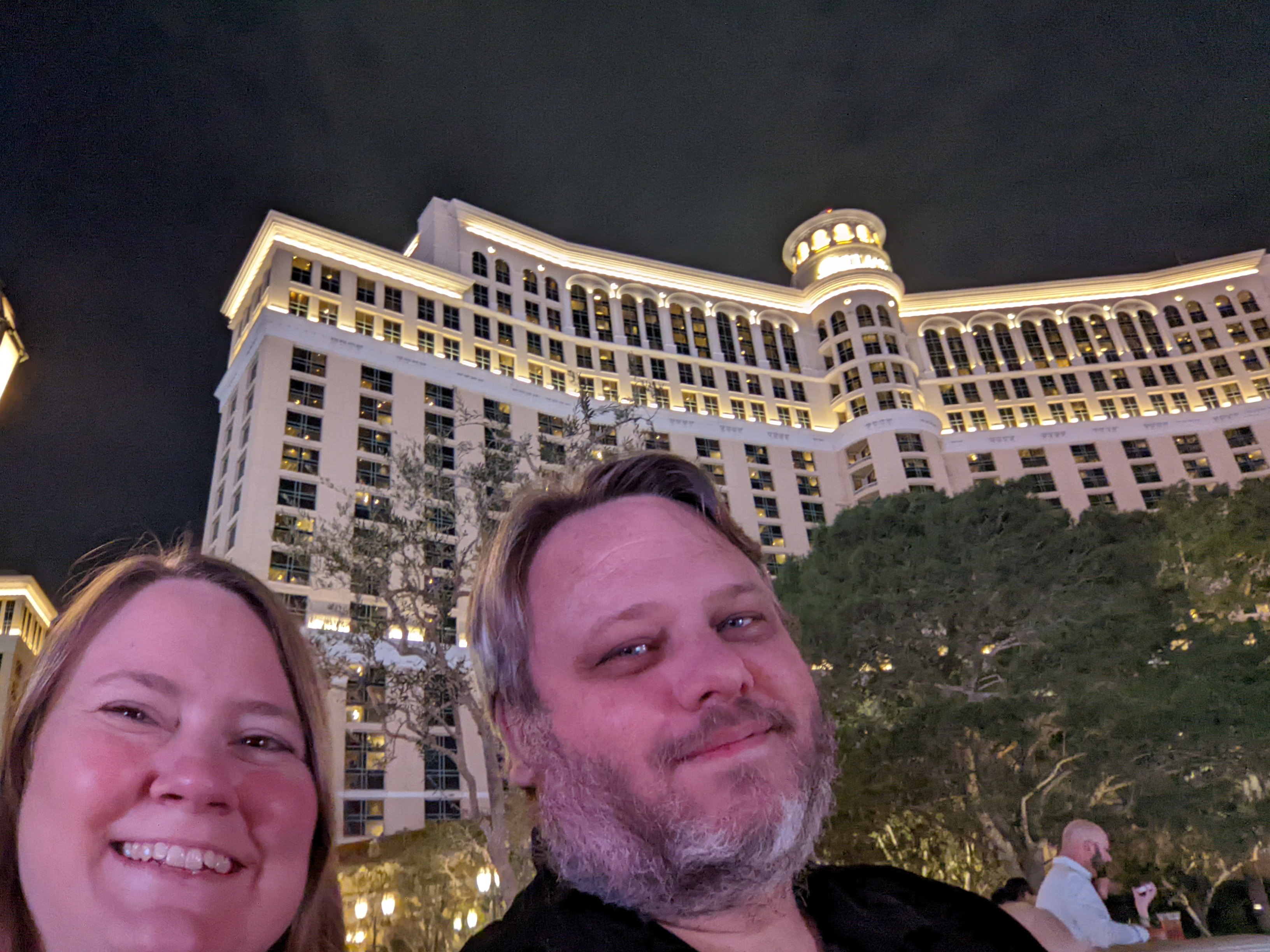 Jonathan and Elizabeth in front of the fountains of Bellagio